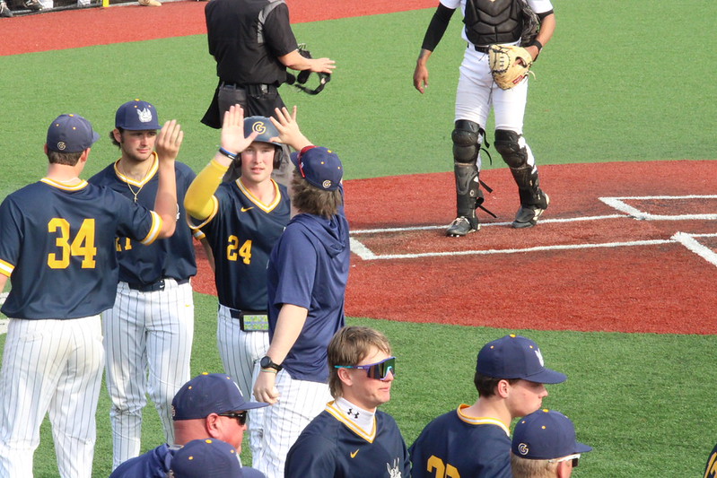 Gaston College freshman Caden Davidson (24) receives congratulations for a home run earlier this season. On Saturday, he set a school single-game record with three home runs at USC Lancaster.